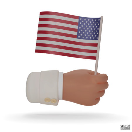 3d hand holds an American flag icon isolated on white background. Hand with white sleeve holding the United States of America flag. 4th of july independence day. 3D vector illustration.のイラスト素材