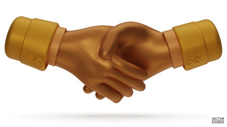 Hold one's hands cartoon icon design. Gold shaking hands. Business handshake, successful deal, partners, teamwork, Contract agreement, Partnership and cooperation concept.3D vector illustration.のイラスト素材
