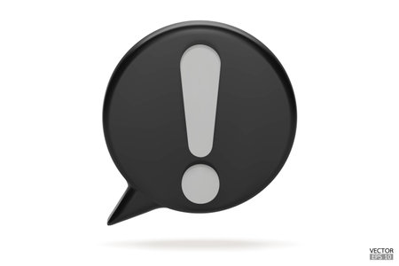 3d Realistic black round warning sign on white background. Hazard warning attention sign. Speech bubble with an exclamation mark. Comment icon. Danger, Alert, Dangerous icon. 3D Vector illustration.のイラスト素材