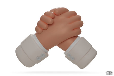 Hold one's hands cartoon icon design. Arm wrestling competition. White sleeve with Business handshake, shaking hands, successful deal, partners, Friendship, cooperation concept. 3D vector illustration.のイラスト素材