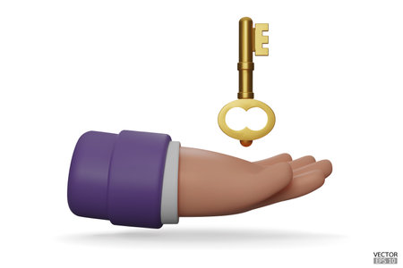 3d cartoon hand with purple sleeve holding the gold keys mortgage loan. Real estate agents give keys. Rent housing banner template. 3D vector illustration.のイラスト素材