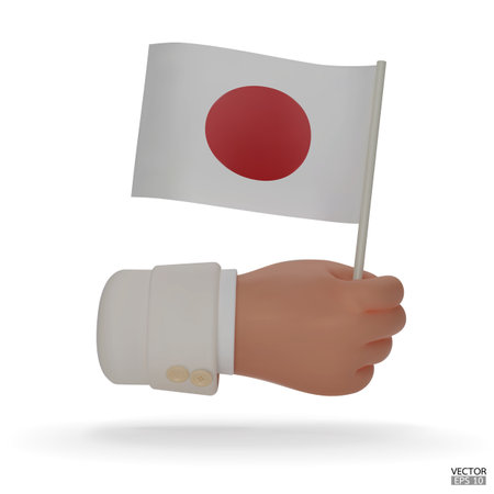 Hand holding Japan flag isolated on white background. Japan National Day. Japanese flag in hand. 3D vector illustration.のイラスト素材
