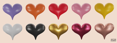 Set of colorful hearts 3D vector collection isolated on beige background. Symbol of Love and Valentine's Day. Metal Heart shape icon 3D for design card. 3D vector illustration.のイラスト素材