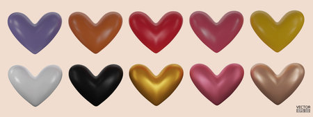 Set of colorful hearts 3D vector collection isolated on beige background. Symbol of Love and Valentine's Day. Metal Heart shape icon 3D for design card. 3D vector illustration.のイラスト素材