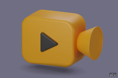 Yellow Video camera icon isolate on background. 3d Realistic movie icon, play button for the interface of applications and web pages. Video, streaming, multimedia concept. 3D vector illustration.のイラスト素材