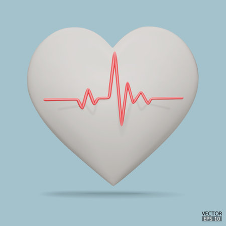 White heart with white pulse line icon for design. Heart pulse. Heartbeat lone, cardiogram. Healthy lifestyle, cardiac assistance, pulse beat measure, medical healthcare concept. 3d vector illustration.のイラスト素材