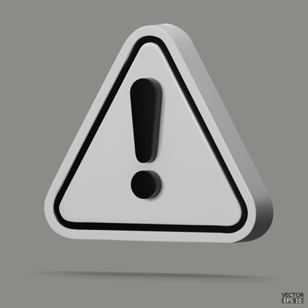 3d Realistic white triangle warning sign isolated on gray background. Hazard warning attention sign with exclamation mark symbol. Danger, Alert, Dangerous attention icon. 3D Vector illustration.のイラスト素材