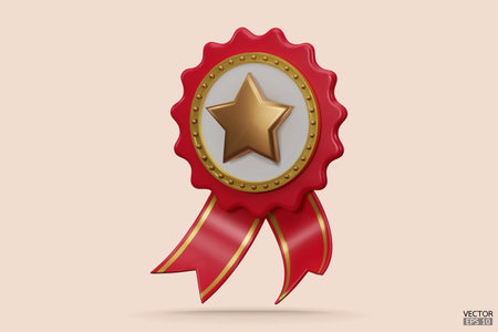 3D quality guarantees a medal with a star and ribbon. Red badge warranty icon with ribbon isolated on white background. Realistic graphics Certificate Badge icon, award badge. 3D vector illustration.のイラスト素材