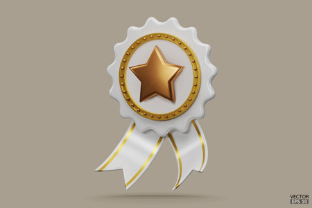 3D quality guarantees a medal with a star and ribbon. White badge warranty icon isolated on beige background. Realistic graphics Certificate Badge icon, award badge. 3D vector illustration.のイラスト素材