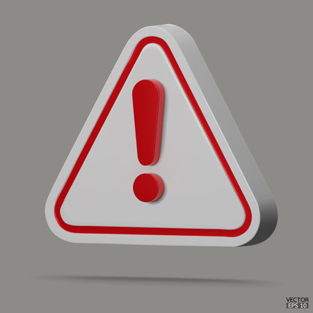 3d Realistic white and red triangle warning sign isolated on gray background. Hazard warning attention sign with exclamation mark symbol. Danger, Alert, Dangerous attention icon.3D Vector illustrationのイラスト素材