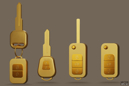 Set of electronic gold car keys with alarm system. Realistic yellow car keys are isolated on gray background. Modern car flip key. 3D Vector illustration.のイラスト素材