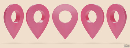 Set of pink map pointer isolated on beige background. Pink location pin or navigation. 3D Locator mark of map pointer, symbol, position. 3D vector illustration.のイラスト素材