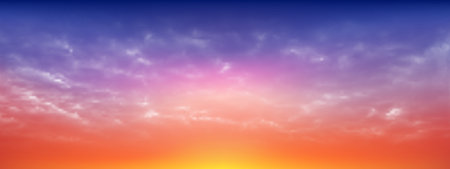 Dark Blue sky and white soft clouds floated in the sky on a clear day. Beautiful air and sunlight with cloud scape colorful. Sunset sky for background. Fantastic sky vector illustration.のイラスト素材