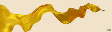 Flying yellow silk textile fabric flag background. Smooth elegant yellow Satin Isolated on beige Background for grand opening ceremony. Yellow curtain. 3d vector illustration.のイラスト素材