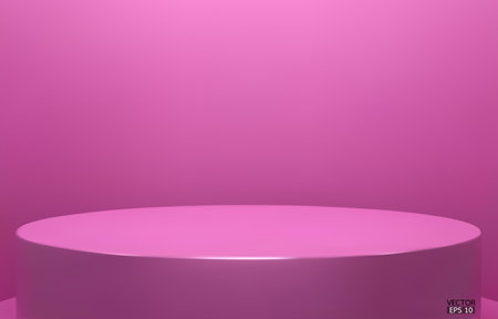 Shiny red purple color round pedestal on studio backdrops. Magenta Blank display or clean room for showing product. Minimalist mockup for podium display or showcase. 3D vector illustration.のイラスト素材