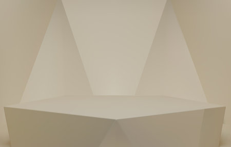 3D vector geometric podium. Beige hexagon cube, Square podium in beige background. Concept scene stage showcase, product, promotion sale, banner, presentation, cosmetic. 3D vector illustration.の写真素材