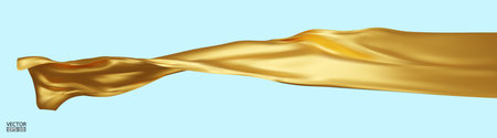 Flying gold silk textile fabric flag background. Smooth elegant golden Satin Isolated on blue Background for grand opening ceremony. Gold curtain. 3d vector illustration.のイラスト素材