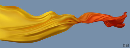 Flying gradient yellow to orange silk textile fabric flag isolated on blue background. Smooth elegant Colorful gradient Satin for grand opening ceremony. 3d vector illustration.のイラスト素材