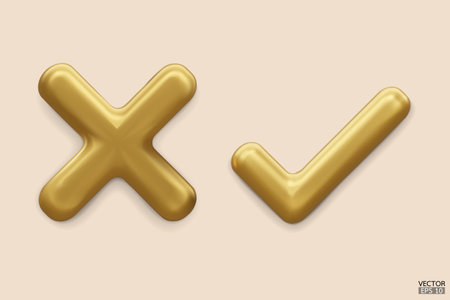 3D gold Checkmark and X mark icon. Checkmark right symbol, tick sign. check and uncheck for web and mobile apps. 3D vector illustration.のイラスト素材