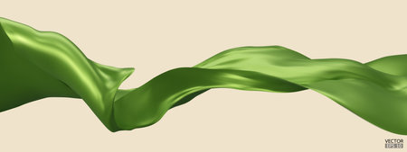 Flying green silk textile fabric flag background. Smooth elegant green Satin Isolated on beige Background for grand opening ceremony. Green curtain. 3d vector illustrationのイラスト素材
