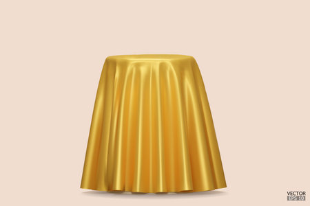 Podium covered with a piece of yellow silk isolated on beige background. Realistic box covered with yellow cloth. Podium for product, cosmetic presentation. Creative mock up. 3d vector illustration.のイラスト素材