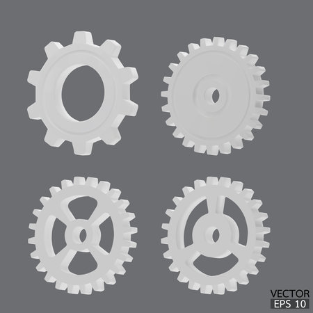 4 white Gear icon set. Blue Transmission cogwheels and gears are isolated on gray background. White Machine gear, setting symbol, Repair, and optimize workflow concept. 3d vector illustration.のイラスト素材