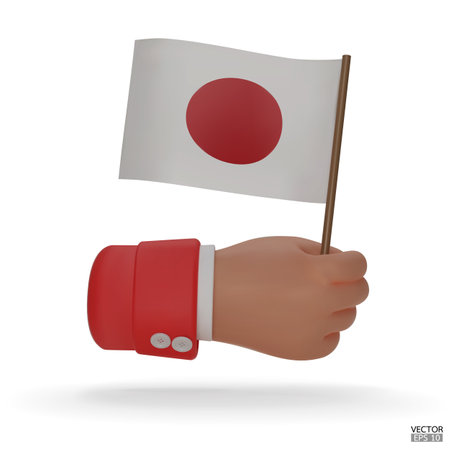 Hand holding Japan flag isolated on white background. Japan National Day. Japanese flag in hand. 3D vector illustration.のイラスト素材