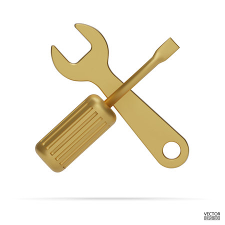 3d realistic gold wrench and screwdriver icon set isolated on white background. Repair icon, Hand tools icon 3d render illustration.のイラスト素材