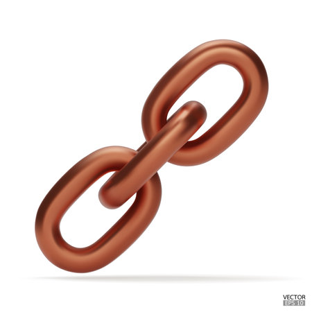3d Realistic copper Chain or link Icon isolated on white background. Two chain links icon, Attach, Lock symbol. Blockchain link sign. 3D vector illustrationのイラスト素材