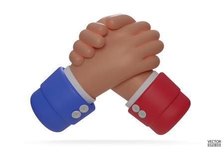 Hold one's hands cartoon icon design. Arm wrestling competition. Red and blue with Business handshake, shaking hands, successful deal, partners, Friendship, cooperation concept. 3D vector illustration.のイラスト素材