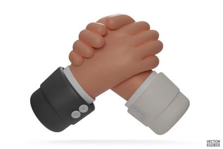 Hold one's hands cartoon icon design. Arm wrestling competition. Black and white with Business handshake, shaking hands, successful deal, partners, Friendship, cooperation concept. 3D vector illustration.のイラスト素材