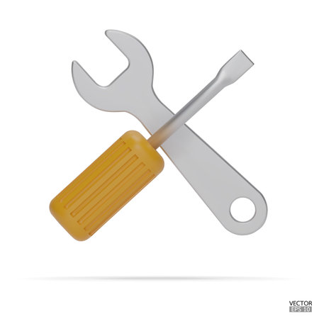3d realistic wrench and yellow screwdriver icon set isolated on white background. Repair icon, Hand tools icon 3d render illustration.のイラスト素材