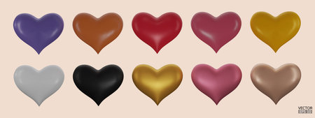 Set of colorful hearts 3D vector collection isolated on beige background. Symbol of Love and Valentine's Day. Metal Heart shape icon 3D for design card. 3D vector illustration.のイラスト素材