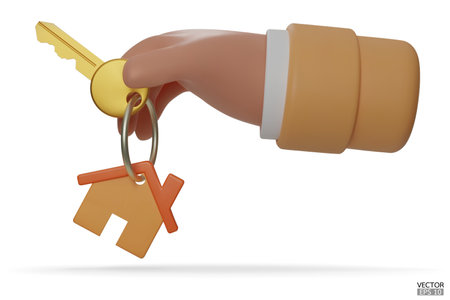 3d cartoon hand holding the gold house keys mortgage loan. The hand holds the keys with the yellow house keychain. Real estate agents give keys. Rent housing banner template. 3D vector illustration.のイラスト素材