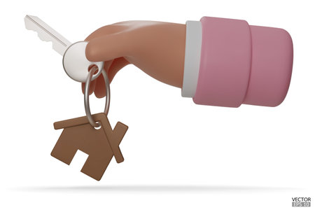3d cartoon hand holding the house keys mortgage loan. The hand holds the keys with the wooden house keychain. Real estate agents give keys. Rent housing banner template. 3D vector illustration.のイラスト素材