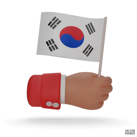 3d hand holds the Republic of Korea flag icon isolated on white background. Hand with red sleeve holding korea flag. Korea flag sign. 3D vector illustration.&#xD;&#xA;のイラスト素材