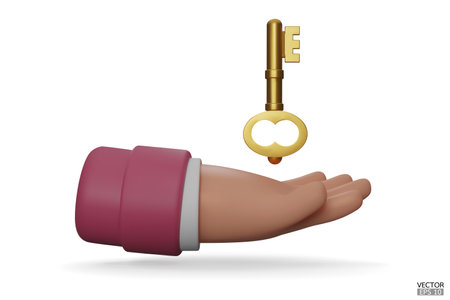 3d cartoon hand holding the gold keys mortgage loan. Real estate agents give keys. Rent housing banner template. 3D vector illustration.のイラスト素材