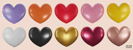 Set of colorful hearts 3D vector collection isolated on beige background. Symbol of Love and Valentine's Day. Metal Heart shape icon 3D for design card. 3D vector illustration.のイラスト素材