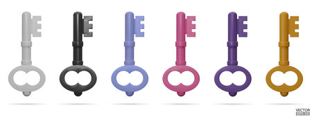 Key icon isolated on white background. Set of 3d colorful keys. Protection, security, real estate concept. White, black, blue, pink, purple, yellow  keys. 3D vector illustration.のイラスト素材