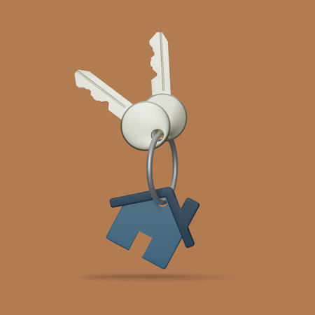 The keys with the blue house keychain. Real estate agents give keys. Rent housing banner template. 3D vector illustration.のイラスト素材