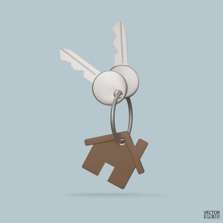 The keys with the wooden house keychain. Real estate agents give keys. Rent housing banner template. 3D vector illustration.のイラスト素材