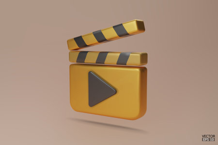 Gold Clapper board icon. Media player icons. Video player icons.  Film clapperboard, video movie equipment. 3D Vector Illustrations.のイラスト素材