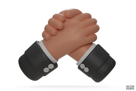 Hold one's hands cartoon icon design. Arm wrestling competition. Black sleeve with Business handshake, shaking hands, successful deal, partners, Friendship, cooperation concept. 3D vector illustration.のイラスト素材