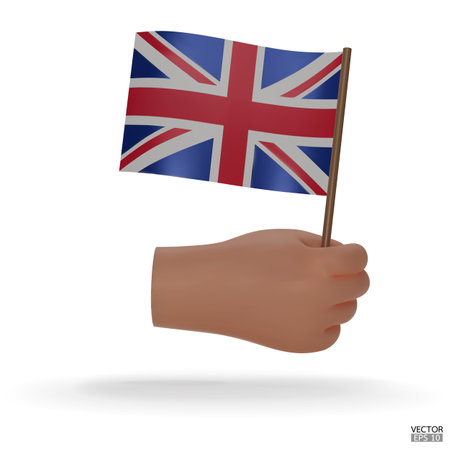 3d hand holds an United Kingdom flag icon isolated on white background. Hand holding flag. 3D vector illustration.のイラスト素材