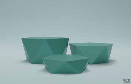 3D vector geometric step podium. 3 green hexagon cube, Green square podium in green background. Concept scene stage showcase, product, promotion sale, banner, cosmetic. 3D vector illustration.のイラスト素材