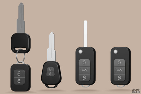 Set of electronic car keys with alarm system. Realistic black car keys are isolated on beige background. Modern car flip key. 3D Vector illustration.のイラスト素材