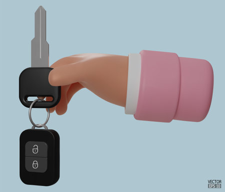3d cartoon hand holding the car keys mortgage loan. The hand holds the keys isolated on blue background. 3D vector illustration.のイラスト素材