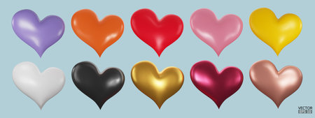 Set of colorful hearts 3D vector collection isolated on beige background. Symbol of Love and Valentine's Day. Metal Heart shape icon 3D for design card. 3D vector illustration.のイラスト素材