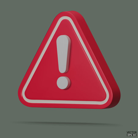3d Realistic red triangle warning sign isolated on background. Hazard warning attention sign with exclamation mark symbol. Danger, Alert, Dangerous attention icon. 3D Vector illustration.のイラスト素材