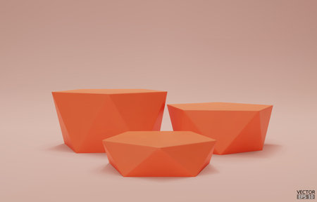 Orange geometric step podium. 3 Orange hexagon cube, Square podium in orange background. Concept scene stage showcase, product, promotion sale, banner, presentation, cosmetic. 3D vector illustration.のイラスト素材